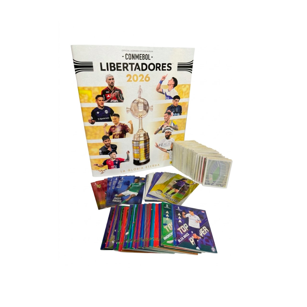 Set Completo CONMEBOL Libertadores 2026 Panini – Álbum Tapa Blanda + 443 Láminas a Pegar + 78 Cartas
